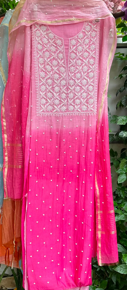 Pure Ombre Mulmul Kurta Set with Handcrafted Chikankari & Pearl-Cutdana Work with Embroidered Dupatta (Set of 3) (Unstitched)