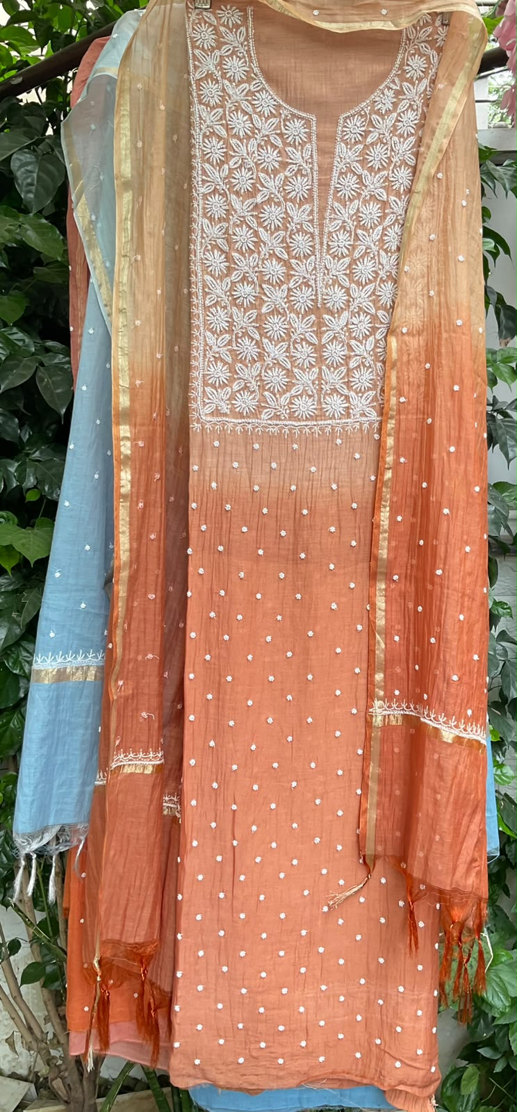 Pure Ombre Mulmul Kurta Set with Handcrafted Chikankari & Pearl-Cutdana Work with Embroidered Dupatta (Set of 3) (Unstitched)