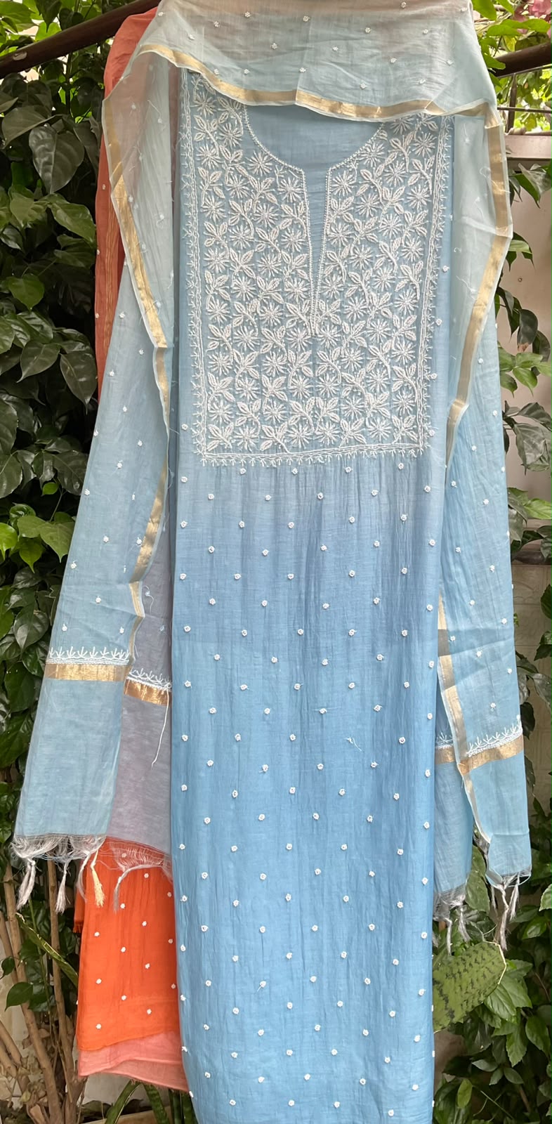 Pure Ombre Mulmul Kurta Set with Handcrafted Chikankari & Pearl-Cutdana Work with Embroidered Dupatta (Set of 3) (Unstitched)