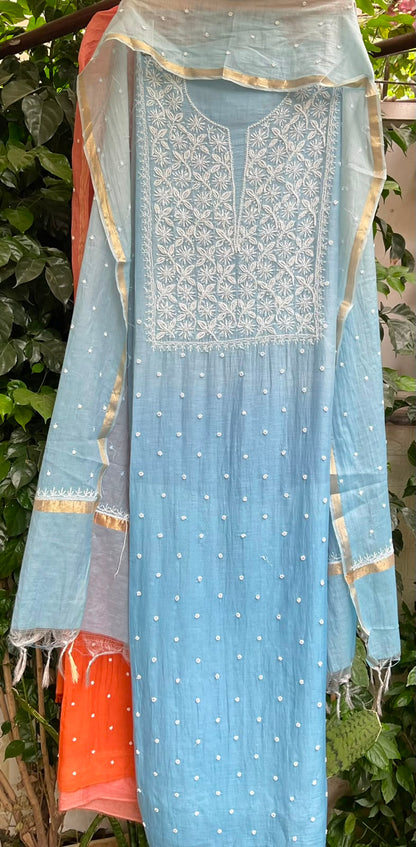 Pure Ombre Mulmul Kurta Set with Handcrafted Chikankari & Pearl-Cutdana Work with Embroidered Dupatta (Set of 3) (Unstitched)