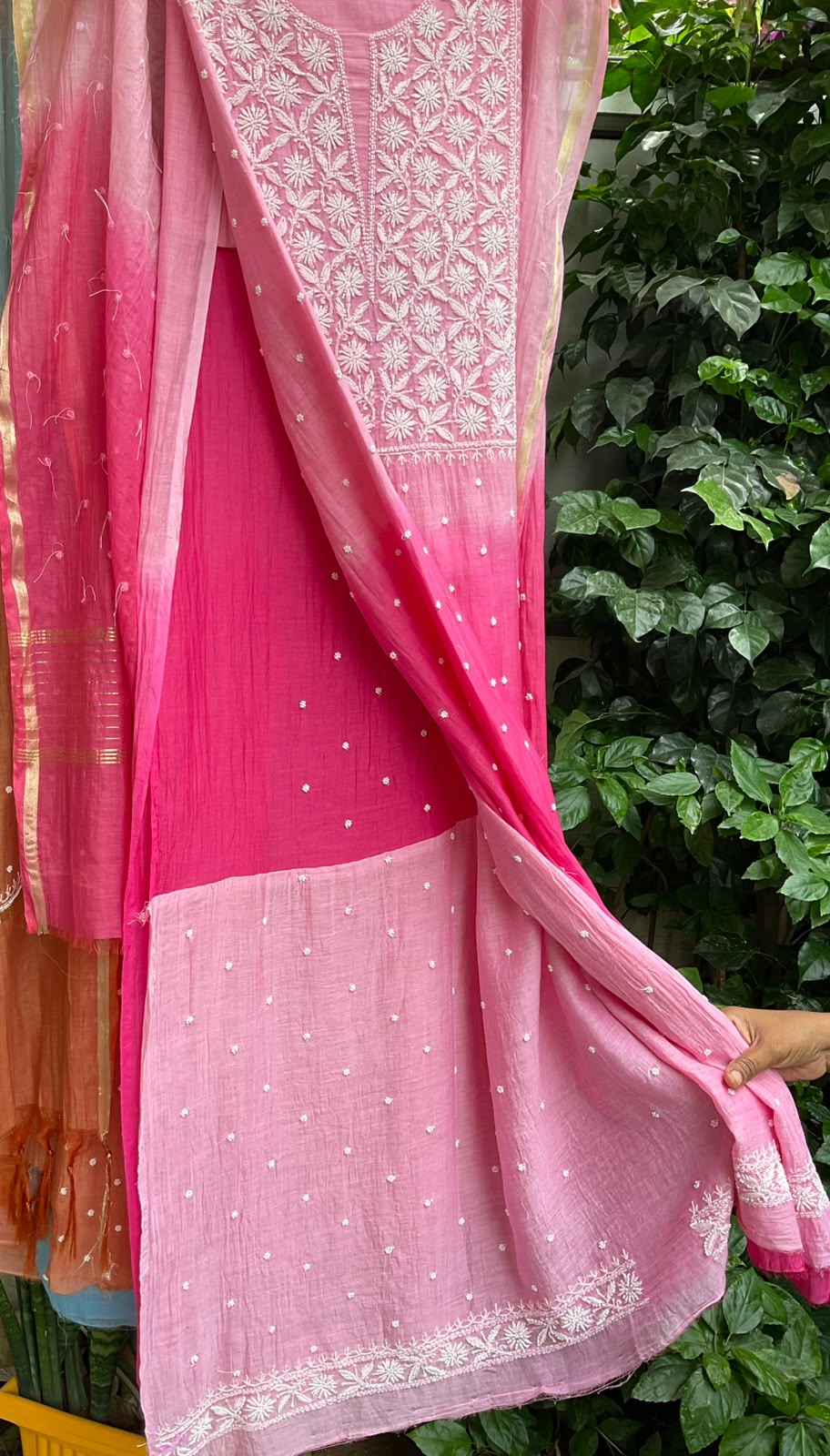 Pure Ombre Mulmul Kurta Set with Handcrafted Chikankari & Pearl-Cutdana Work with Embroidered Dupatta (Set of 3) (Unstitched)