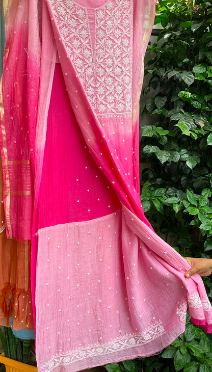 Pure Ombre Mulmul Kurta Set with Handcrafted Chikankari & Pearl-Cutdana Work with Embroidered Dupatta (Set of 3) (Unstitched)