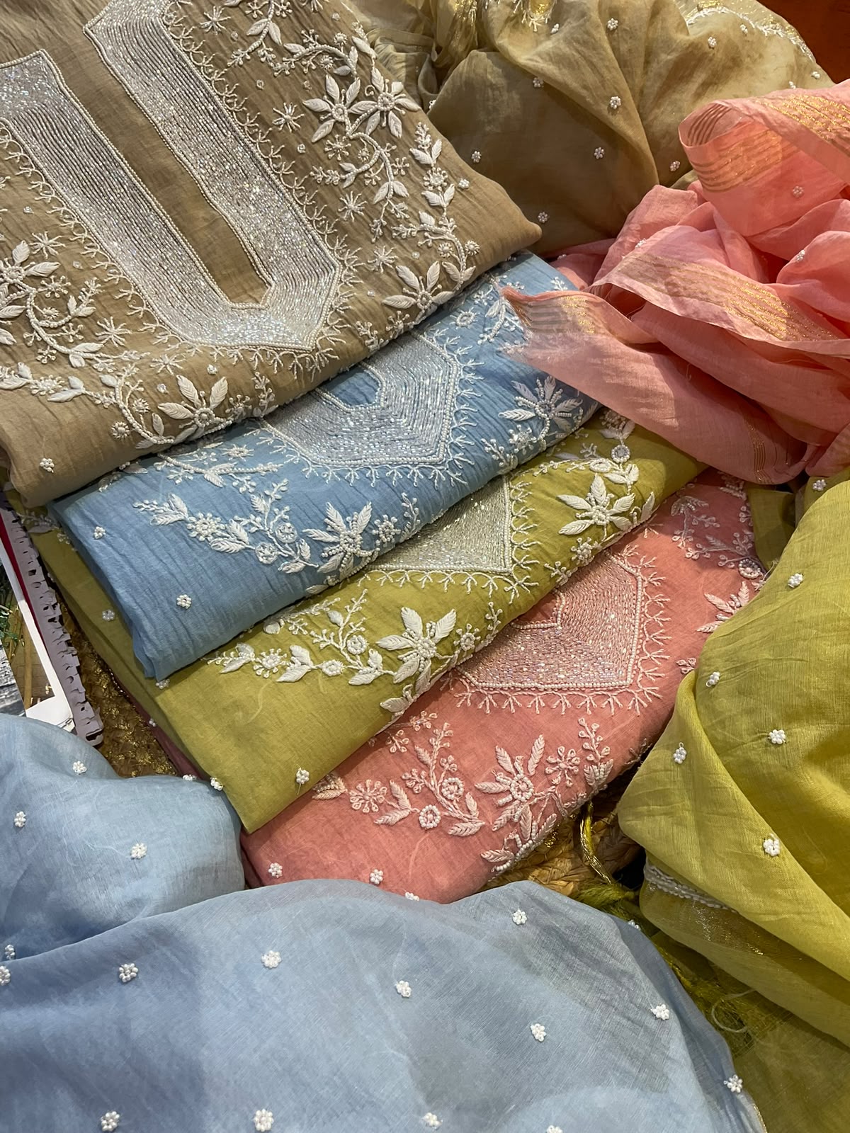 Pure Mulmul Kurta Set with Handcrafted Chikankari & Pearl-Cutdana Work with Embroidered Dupatta (Set of 3) (Unstitched)