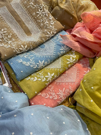 Pure Mulmul Kurta Set with Handcrafted Chikankari & Pearl-Cutdana Work with Embroidered Dupatta (Set of 3) (Unstitched)
