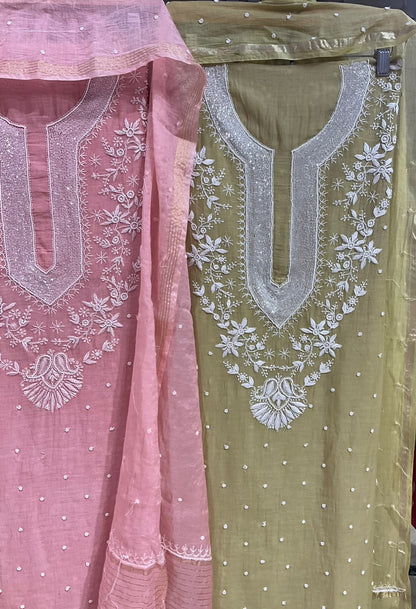 Pure Mulmul Kurta Set with Handcrafted Chikankari & Pearl-Cutdana Work with Embroidered Dupatta (Set of 3) (Unstitched)