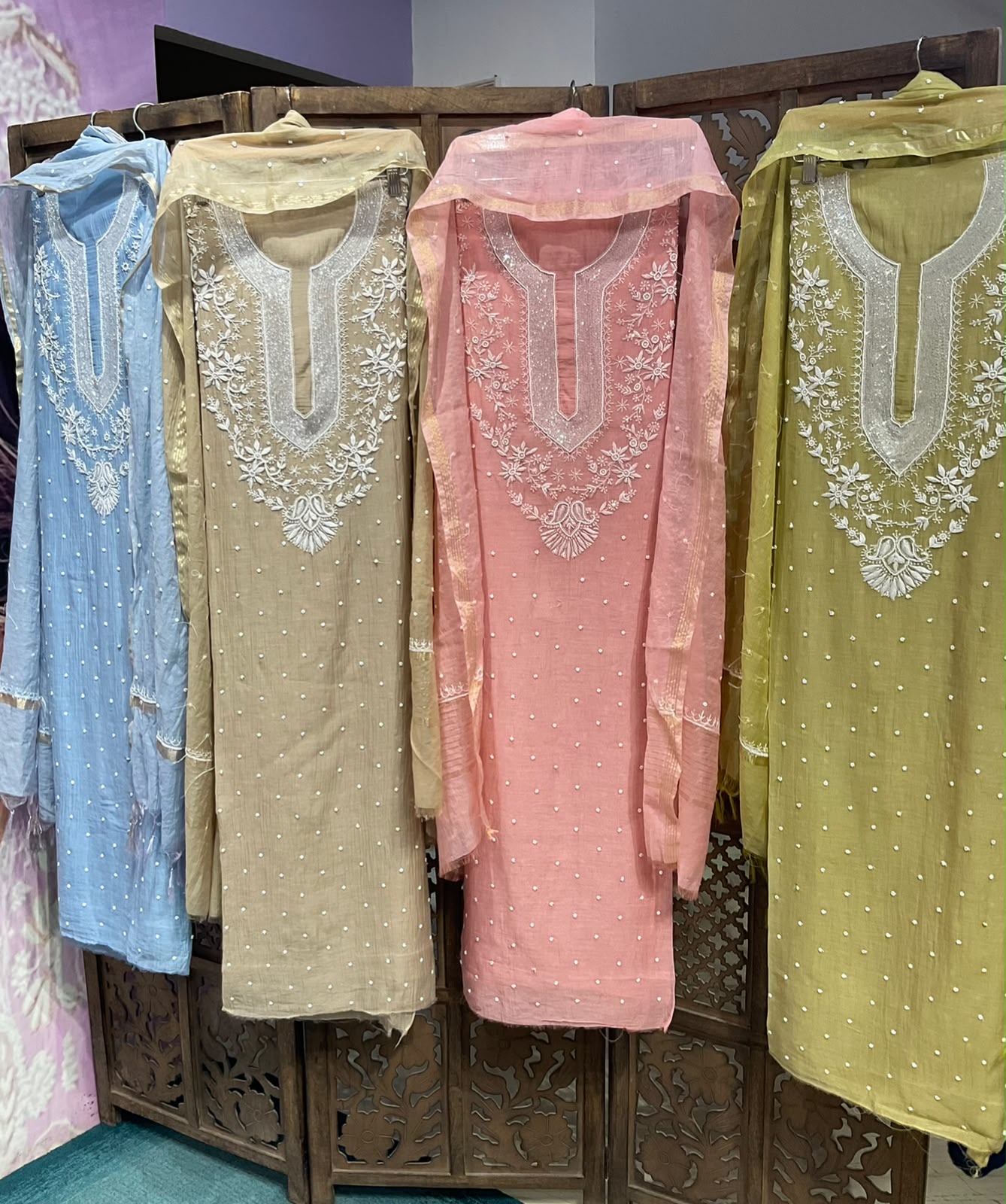 Pure Mulmul Kurta Set with Handcrafted Chikankari & Pearl-Cutdana Work with Embroidered Dupatta (Set of 3) (Unstitched)