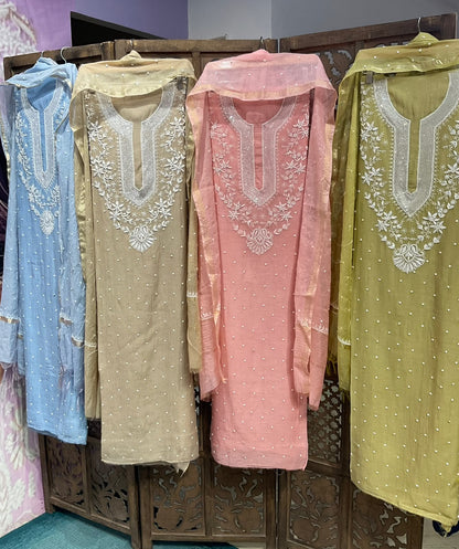 Pure Mulmul Kurta Set with Handcrafted Chikankari & Pearl-Cutdana Work with Embroidered Dupatta (Set of 3) (Unstitched)