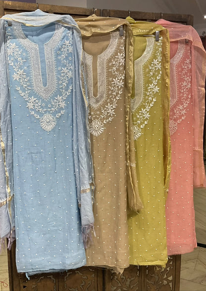 Pure Mulmul Kurta Set with Handcrafted Chikankari & Pearl-Cutdana Work with Embroidered Dupatta (Set of 3) (Unstitched)