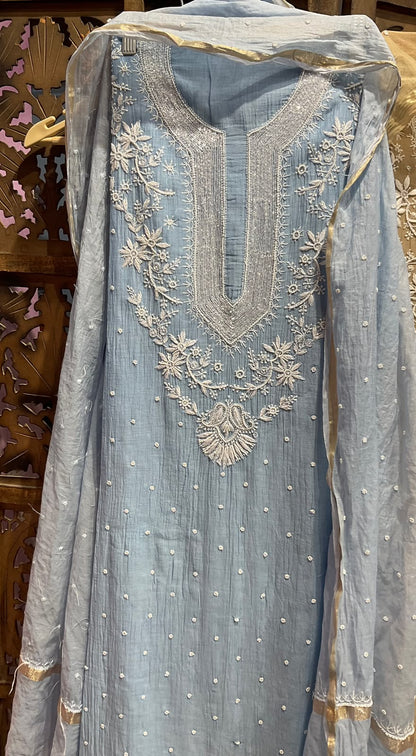 Pure Mulmul Kurta Set with Handcrafted Chikankari & Pearl-Cutdana Work with Embroidered Dupatta (Set of 3) (Unstitched)