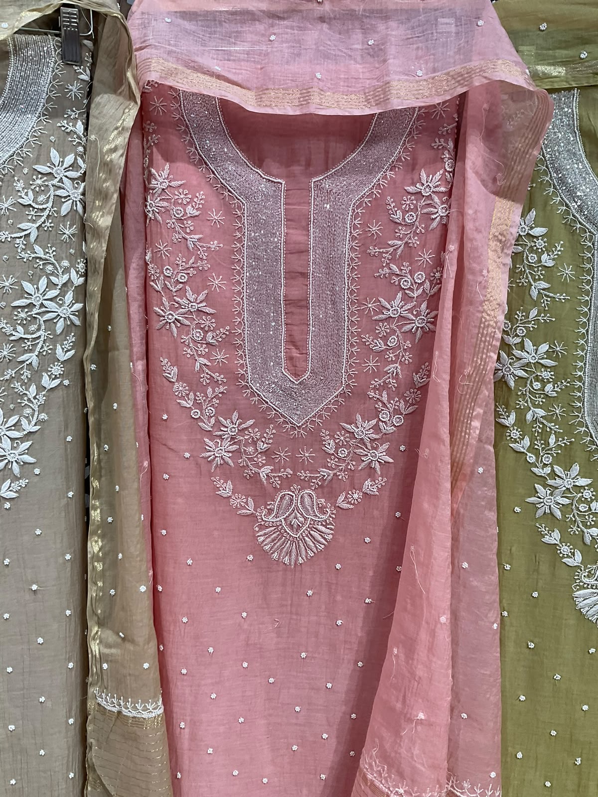 Pure Mulmul Kurta Set with Handcrafted Chikankari & Pearl-Cutdana Work with Embroidered Dupatta (Set of 3) (Unstitched)