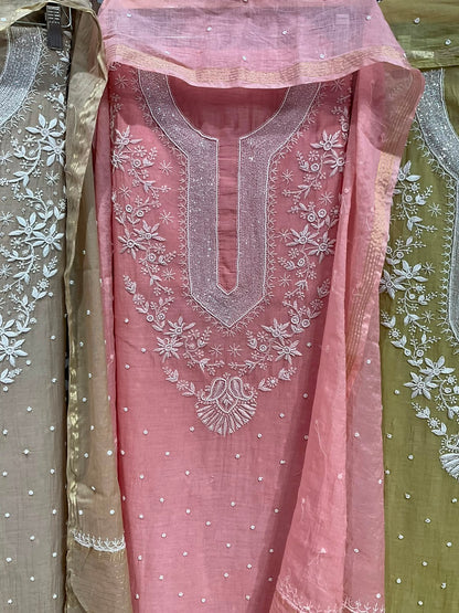 Pure Mulmul Kurta Set with Handcrafted Chikankari & Pearl-Cutdana Work with Embroidered Dupatta (Set of 3) (Unstitched)