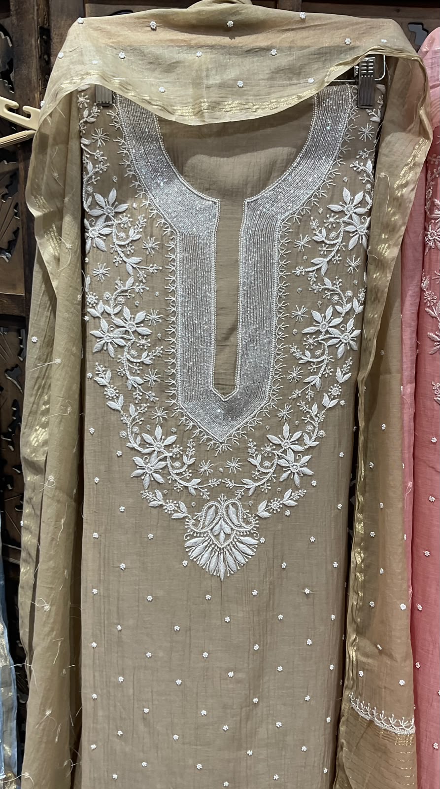 Pure Mulmul Kurta Set with Handcrafted Chikankari & Pearl-Cutdana Work with Embroidered Dupatta (Set of 3) (Unstitched)
