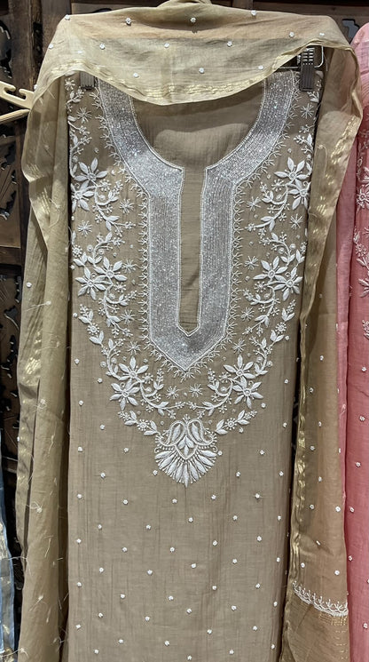 Pure Mulmul Kurta Set with Handcrafted Chikankari & Pearl-Cutdana Work with Embroidered Dupatta (Set of 3) (Unstitched)