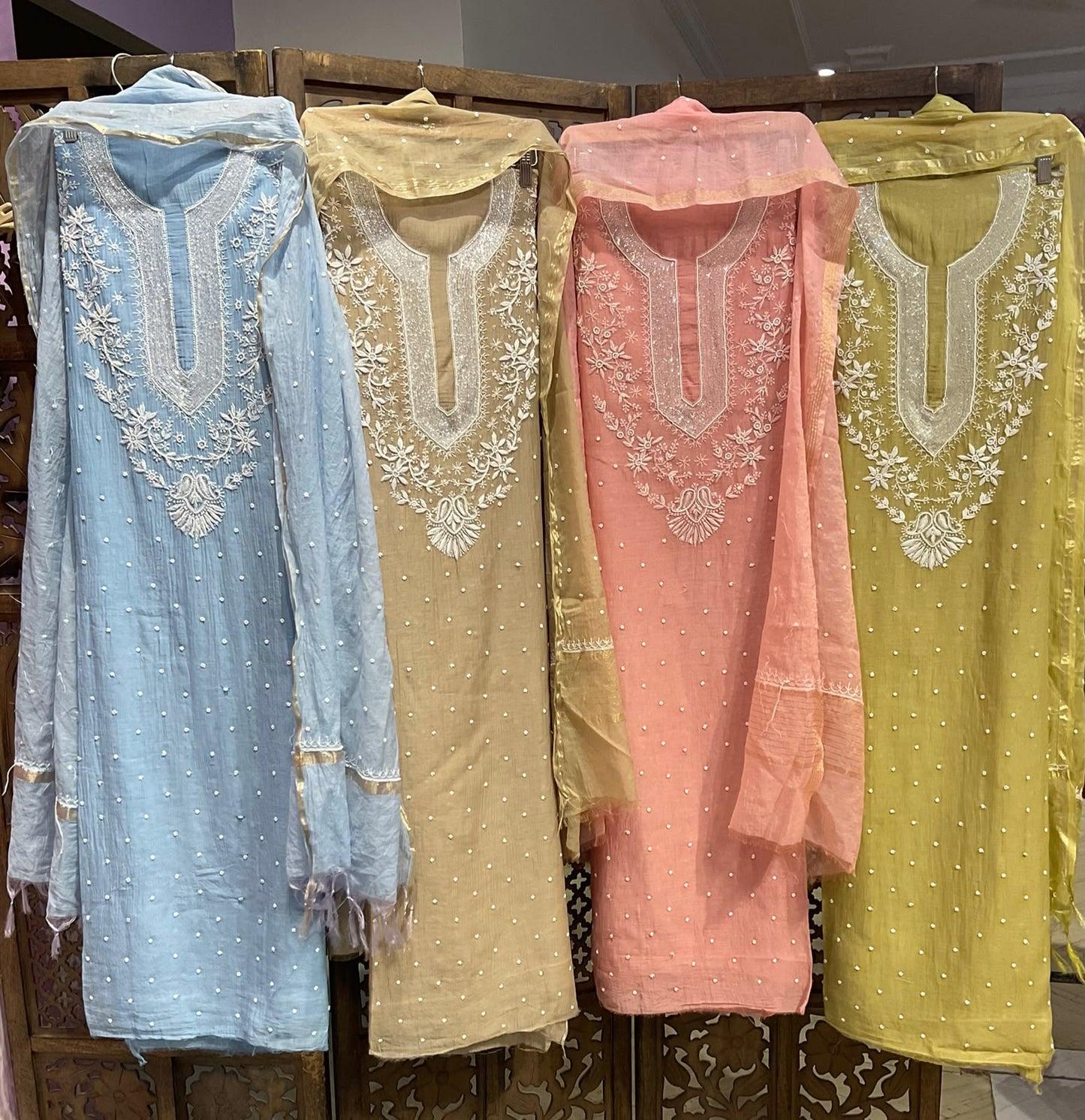 Pure Mulmul Kurta Set with Handcrafted Chikankari & Pearl-Cutdana Work with Embroidered Dupatta (Set of 3) (Unstitched)