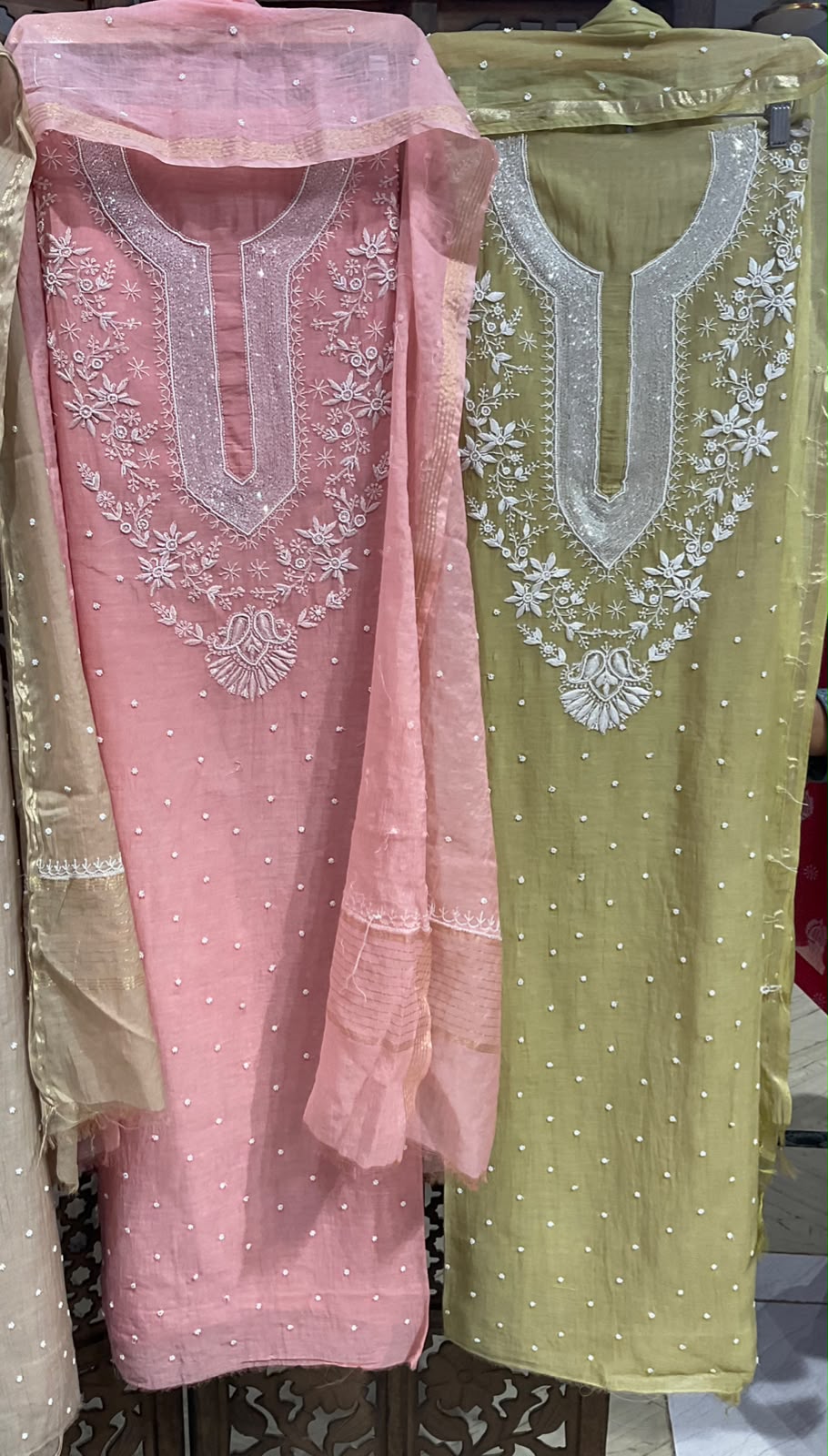Pure Mulmul Kurta Set with Handcrafted Chikankari & Pearl-Cutdana Work with Embroidered Dupatta (Set of 3) (Unstitched)