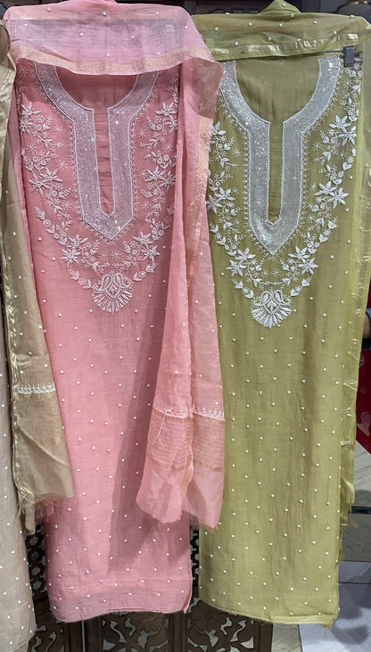 Pure Mulmul Kurta Set with Handcrafted Chikankari & Pearl-Cutdana Work with Embroidered Dupatta (Set of 3) (Unstitched)