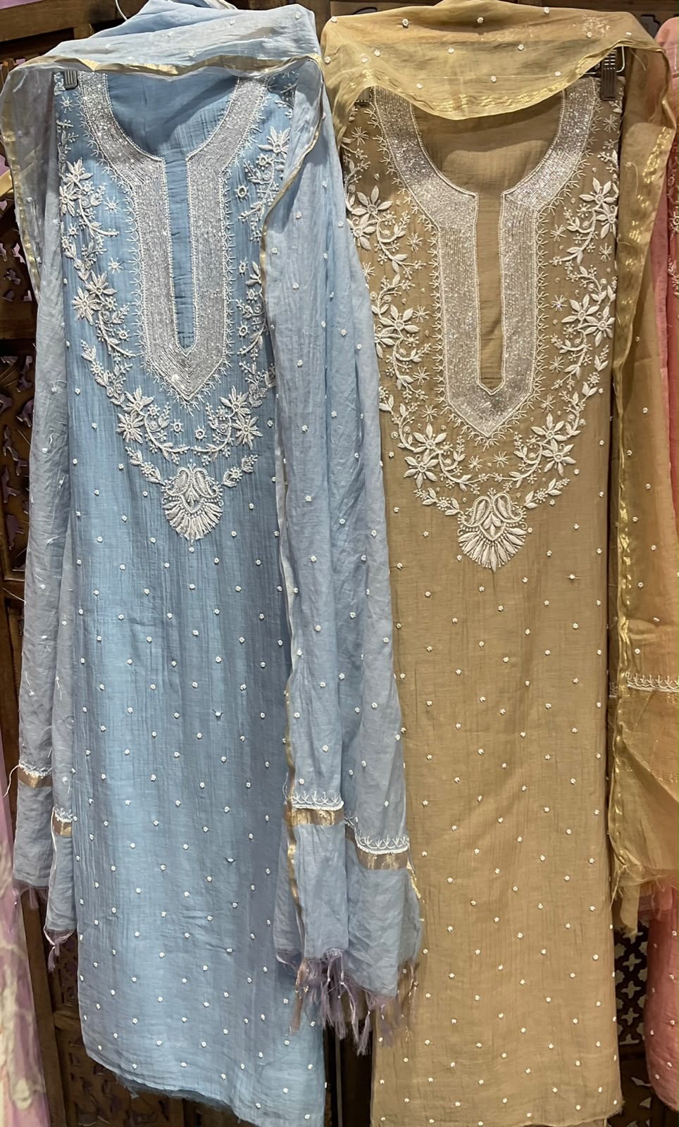 Pure Mulmul Kurta Set with Handcrafted Chikankari & Pearl-Cutdana Work with Embroidered Dupatta (Set of 3) (Unstitched)