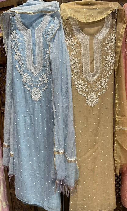 Pure Mulmul Kurta Set with Handcrafted Chikankari & Pearl-Cutdana Work with Embroidered Dupatta (Set of 3) (Unstitched)