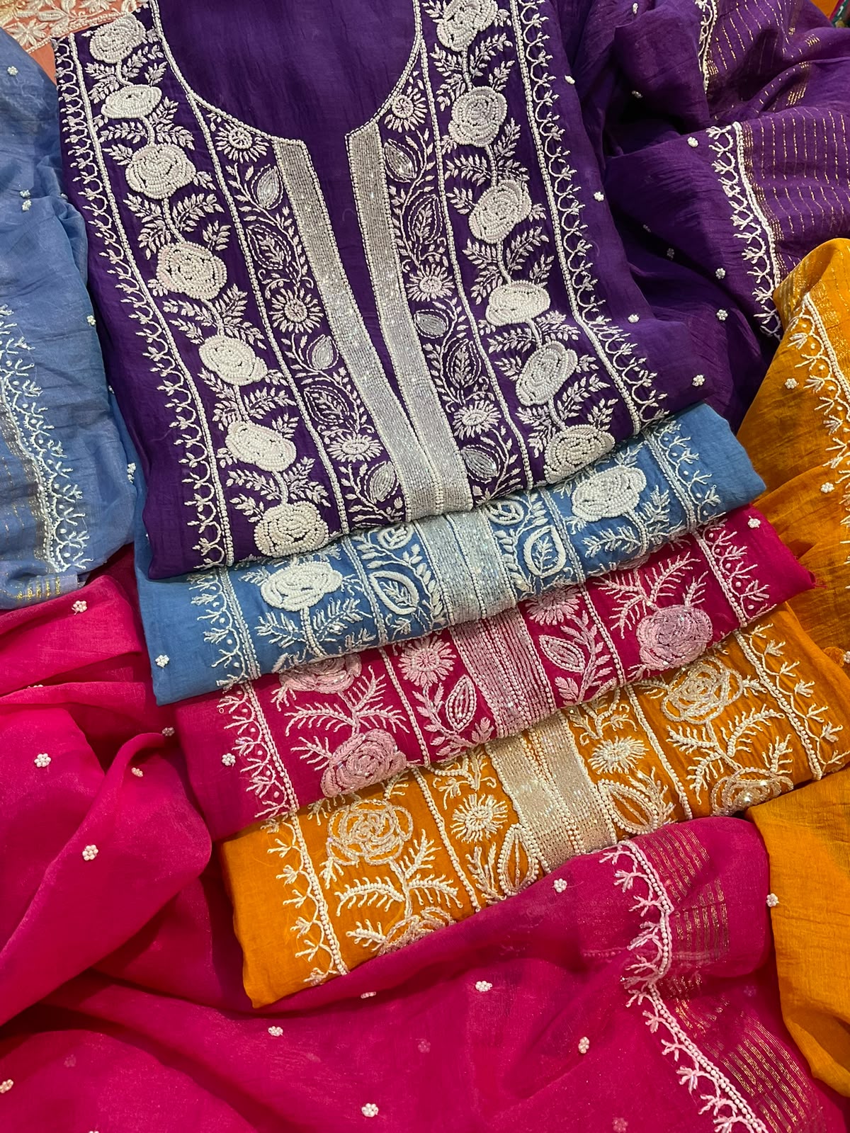 Pure Mulmul Kurta Set with Handcrafted Chikankari & Pearl-Cutdana Work with Embroidered Dupatta (Set of 3) (Unstitched)