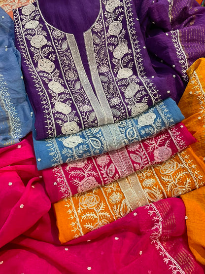 Pure Mulmul Kurta Set with Handcrafted Chikankari & Pearl-Cutdana Work with Embroidered Dupatta (Set of 3) (Unstitched)