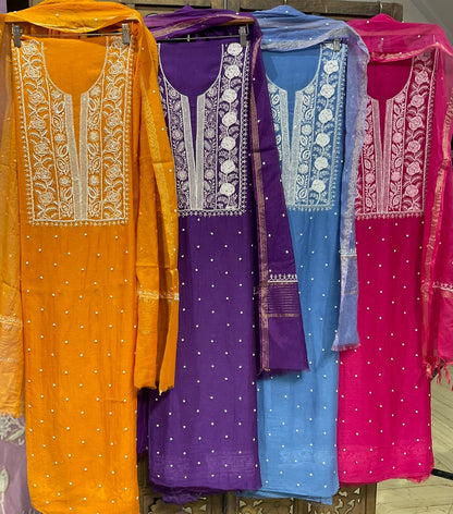 Pure Mulmul Kurta Set with Handcrafted Chikankari & Pearl-Cutdana Work with Embroidered Dupatta (Set of 3) (Unstitched)