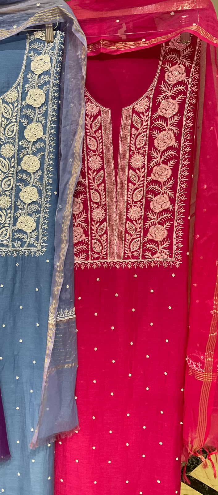 Pure Mulmul Kurta Set with Handcrafted Chikankari & Pearl-Cutdana Work with Embroidered Dupatta (Set of 3) (Unstitched)