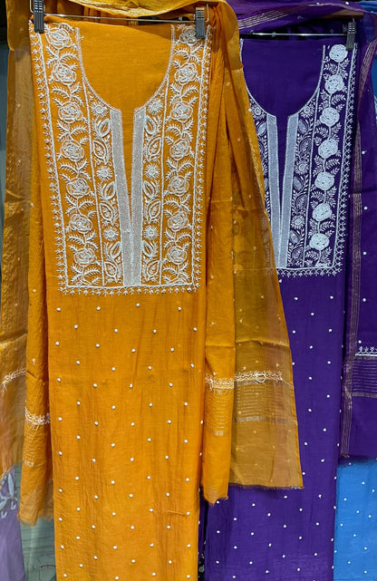 Pure Mulmul Kurta Set with Handcrafted Chikankari & Pearl-Cutdana Work with Embroidered Dupatta (Set of 3) (Unstitched)