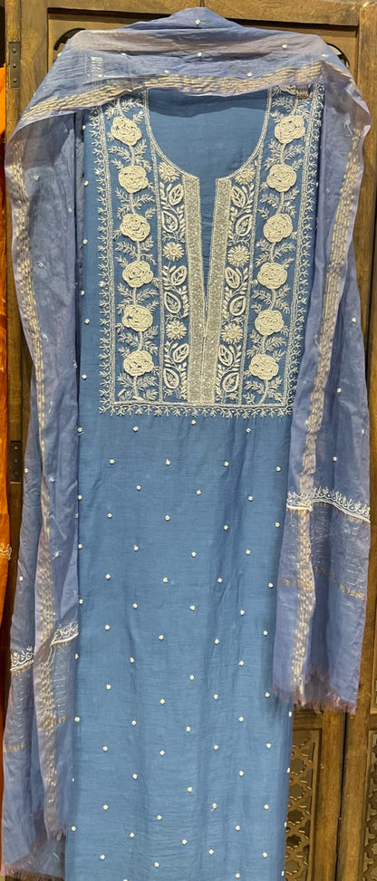 Pure Mulmul Kurta Set with Handcrafted Chikankari & Pearl-Cutdana Work with Embroidered Dupatta (Set of 3) (Unstitched)