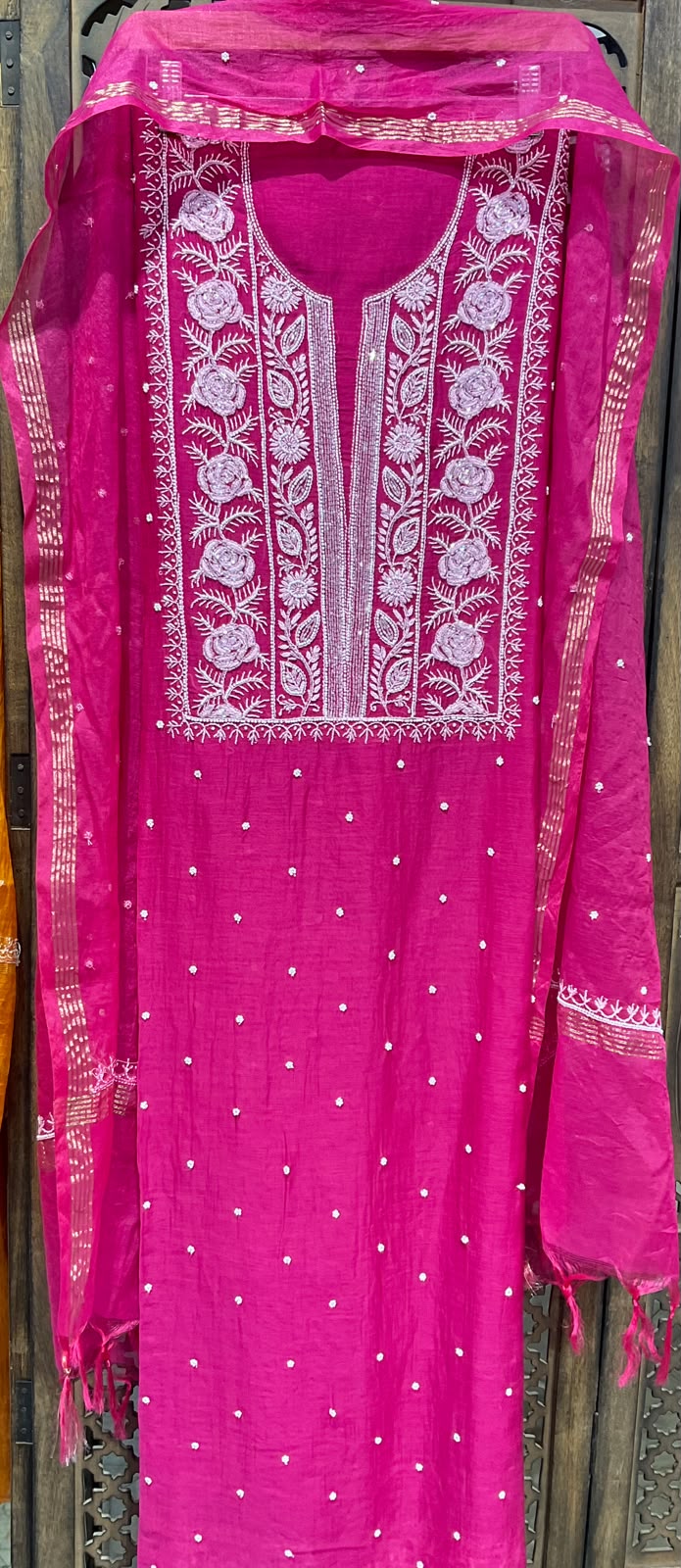 Pure Mulmul Kurta Set with Handcrafted Chikankari & Pearl-Cutdana Work with Embroidered Dupatta (Set of 3) (Unstitched)