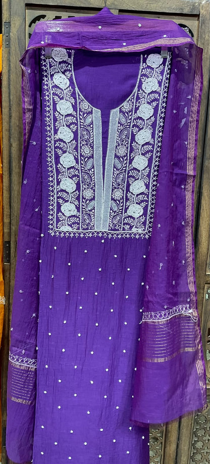Pure Mulmul Kurta Set with Handcrafted Chikankari & Pearl-Cutdana Work with Embroidered Dupatta (Set of 3) (Unstitched)