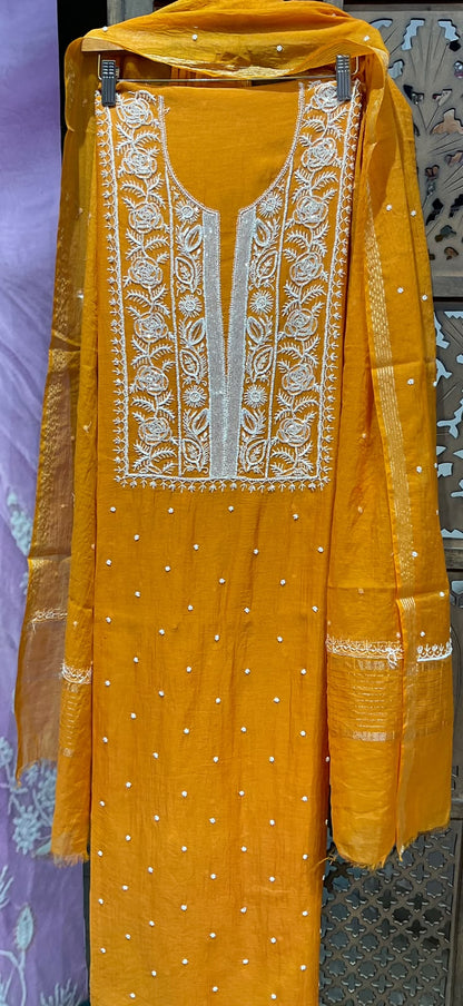 Pure Mulmul Kurta Set with Handcrafted Chikankari & Pearl-Cutdana Work with Embroidered Dupatta (Set of 3) (Unstitched)