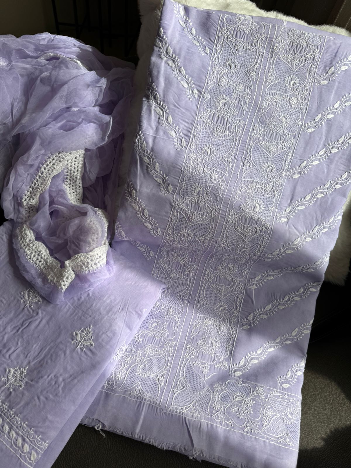 Pure Cotton Voile Suit Set with Chikankari & Hand Jaali Work with Chiffon Dupatta (Set of 3) (Unstitched)