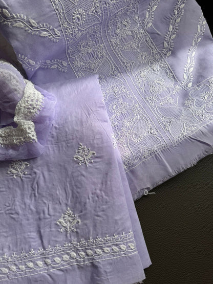 Pure Cotton Voile Suit Set with Chikankari & Hand Jaali Work with Chiffon Dupatta (Set of 3) (Unstitched)