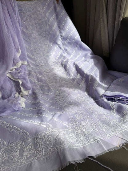 Pure Cotton Voile Suit Set with Chikankari & Hand Jaali Work with Chiffon Dupatta (Set of 3) (Unstitched)