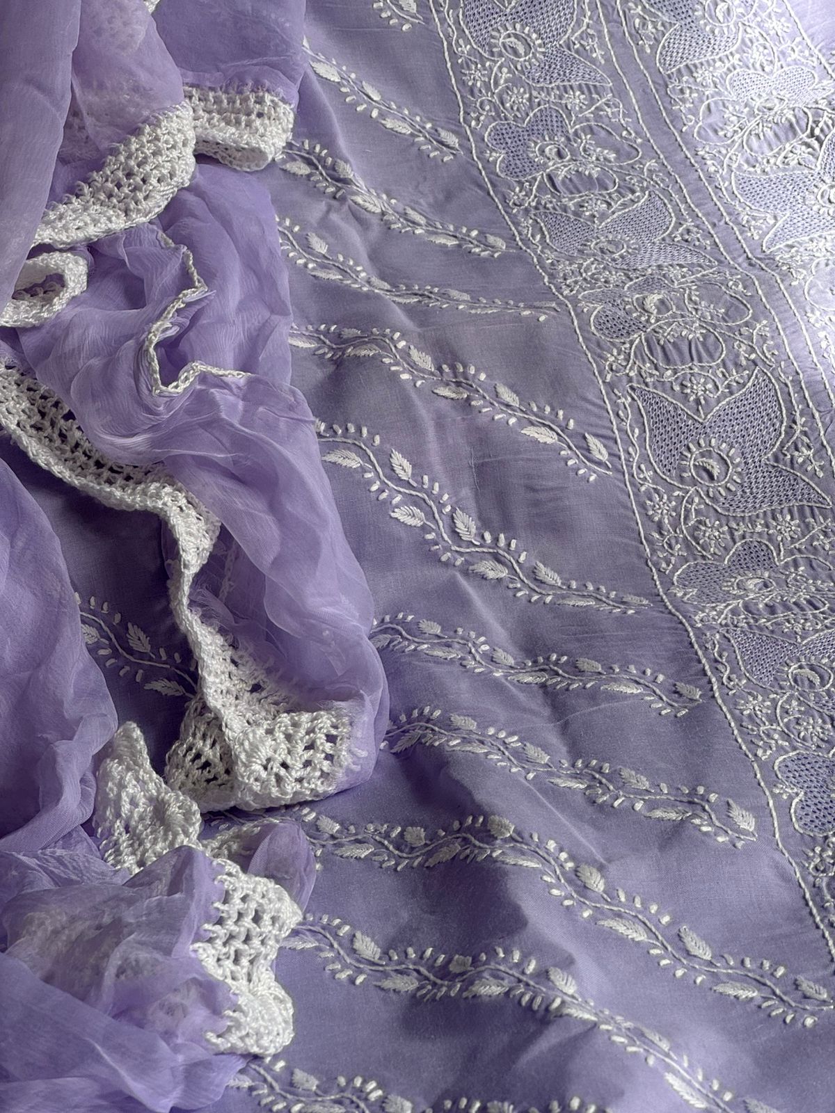 Pure Cotton Voile Suit Set with Chikankari & Hand Jaali Work with Chiffon Dupatta (Set of 3) (Unstitched)