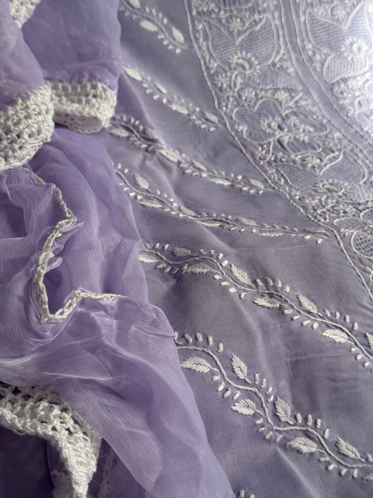 Pure Cotton Voile Suit Set with Chikankari & Hand Jaali Work with Chiffon Dupatta (Set of 3) (Unstitched)