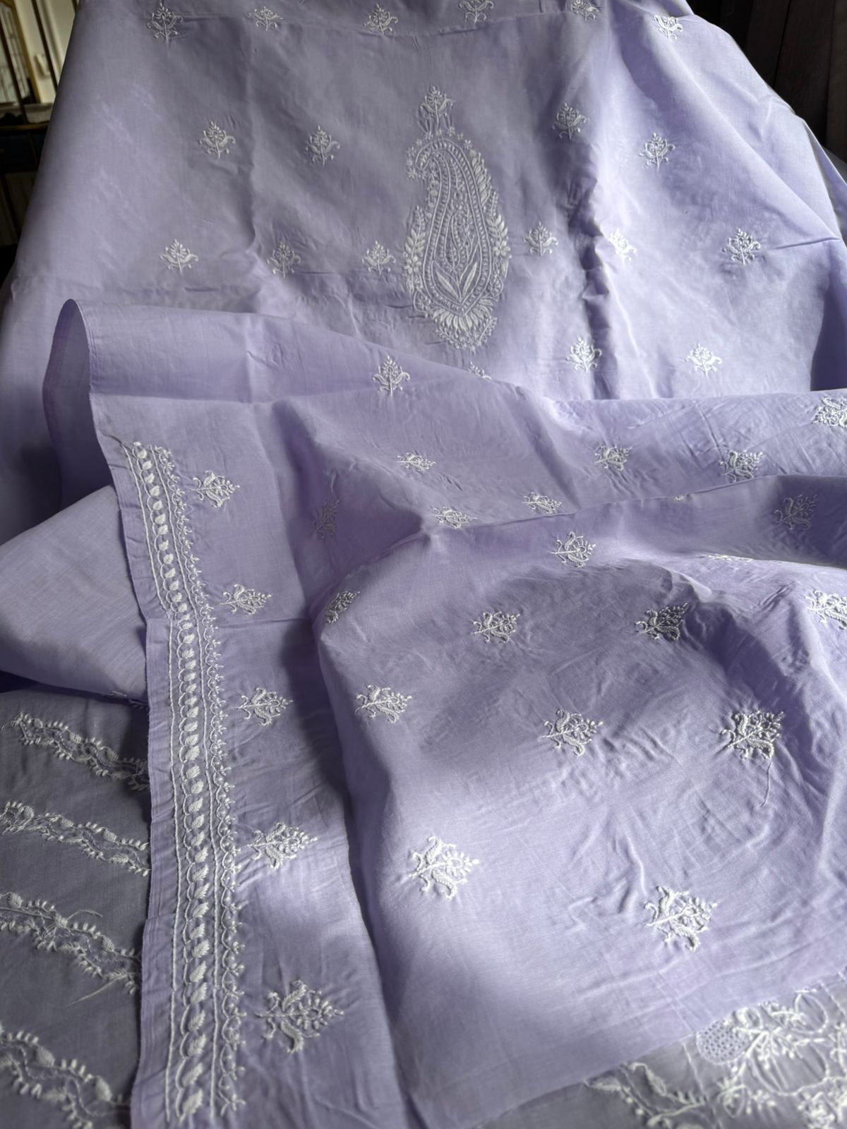Pure Cotton Voile Suit Set with Chikankari & Hand Jaali Work with Chiffon Dupatta (Set of 3) (Unstitched)