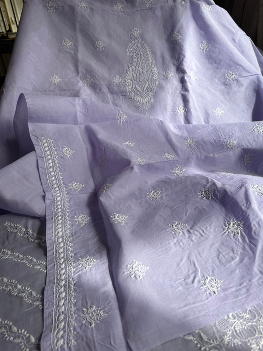 Pure Cotton Voile Suit Set with Chikankari & Hand Jaali Work with Chiffon Dupatta (Set of 3) (Unstitched)