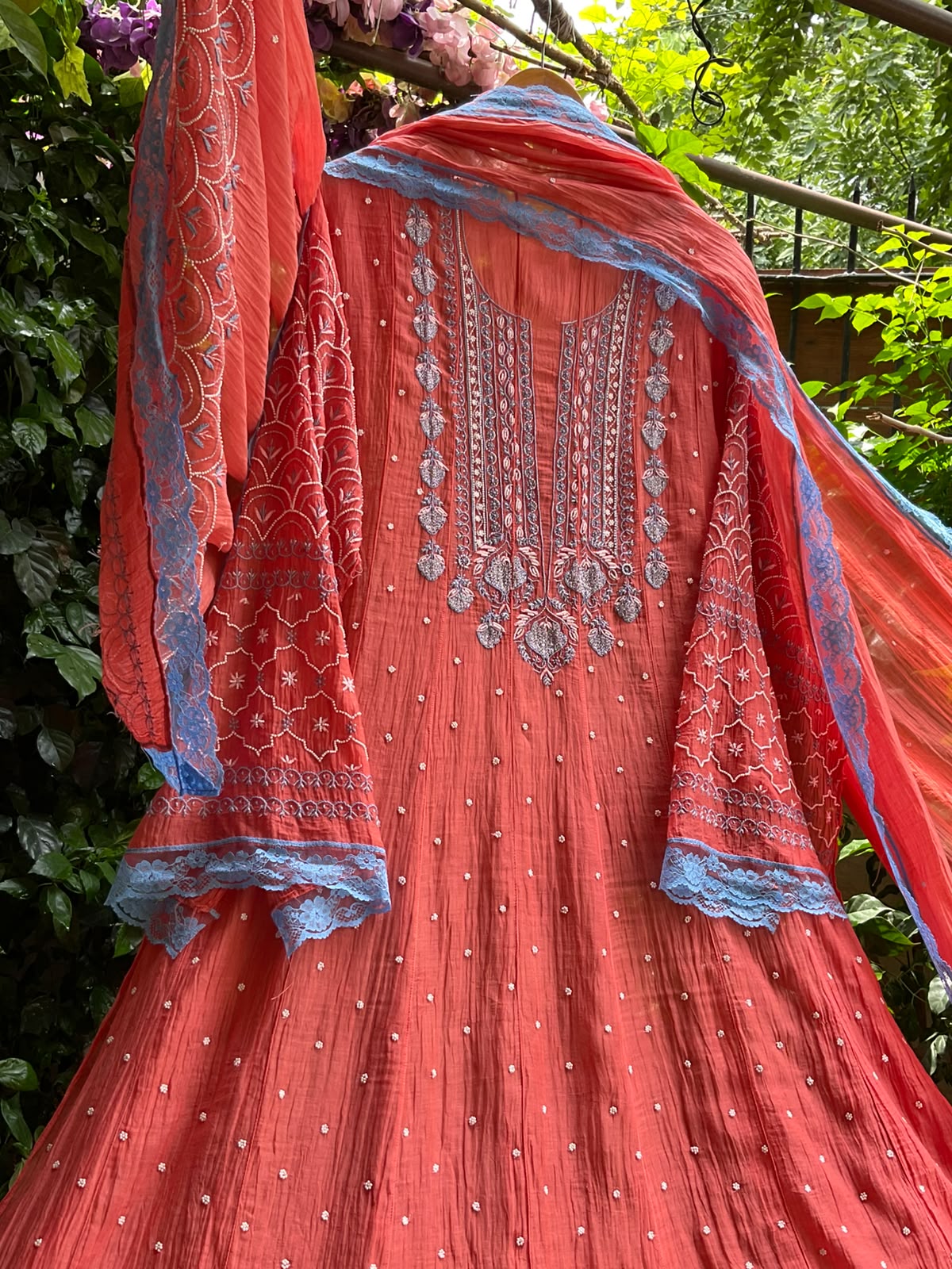 Pure Mulmul Suit Set with Chikankari & Pearl-Cutdana Work with Embroidered Lace Dupatta (Set of 3) (Semi-stitched)