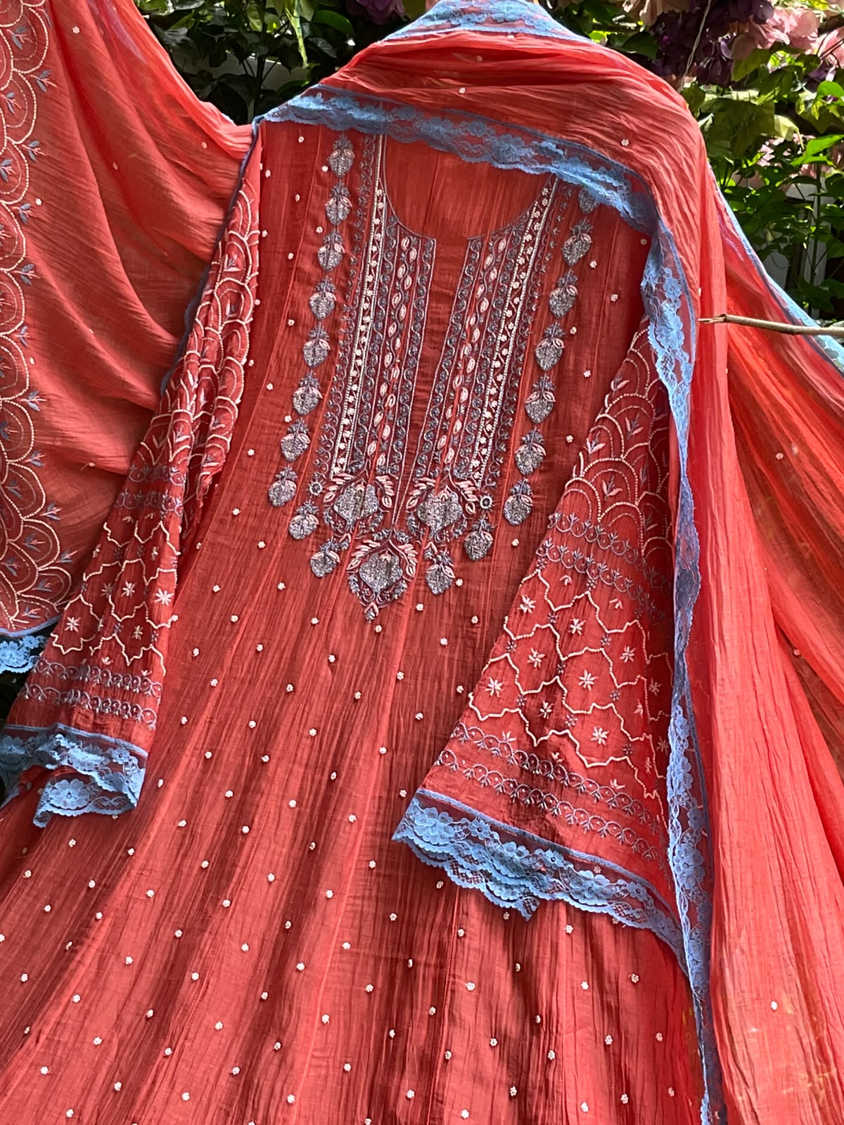Pure Mulmul Suit Set with Chikankari & Pearl-Cutdana Work with Embroidered Lace Dupatta (Set of 3) (Semi-stitched)