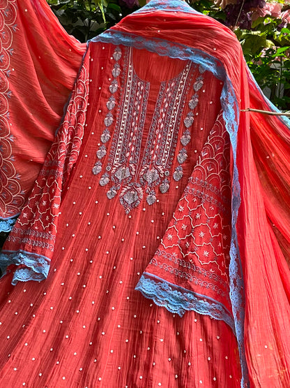 Pure Mulmul Suit Set with Chikankari & Pearl-Cutdana Work with Embroidered Lace Dupatta (Set of 3) (Semi-stitched)