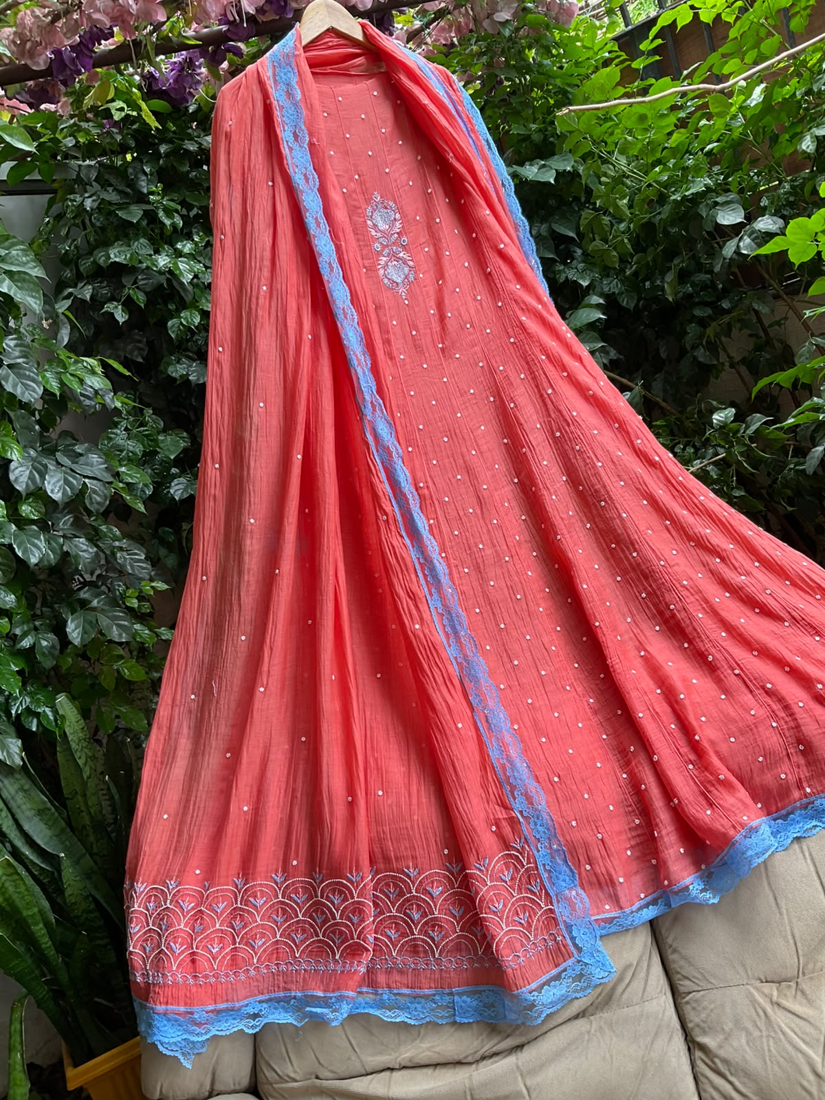 Pure Mulmul Suit Set with Chikankari & Pearl-Cutdana Work with Embroidered Lace Dupatta (Set of 3) (Semi-stitched)