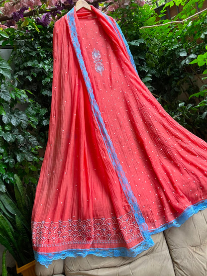 Pure Mulmul Suit Set with Chikankari & Pearl-Cutdana Work with Embroidered Lace Dupatta (Set of 3) (Semi-stitched)