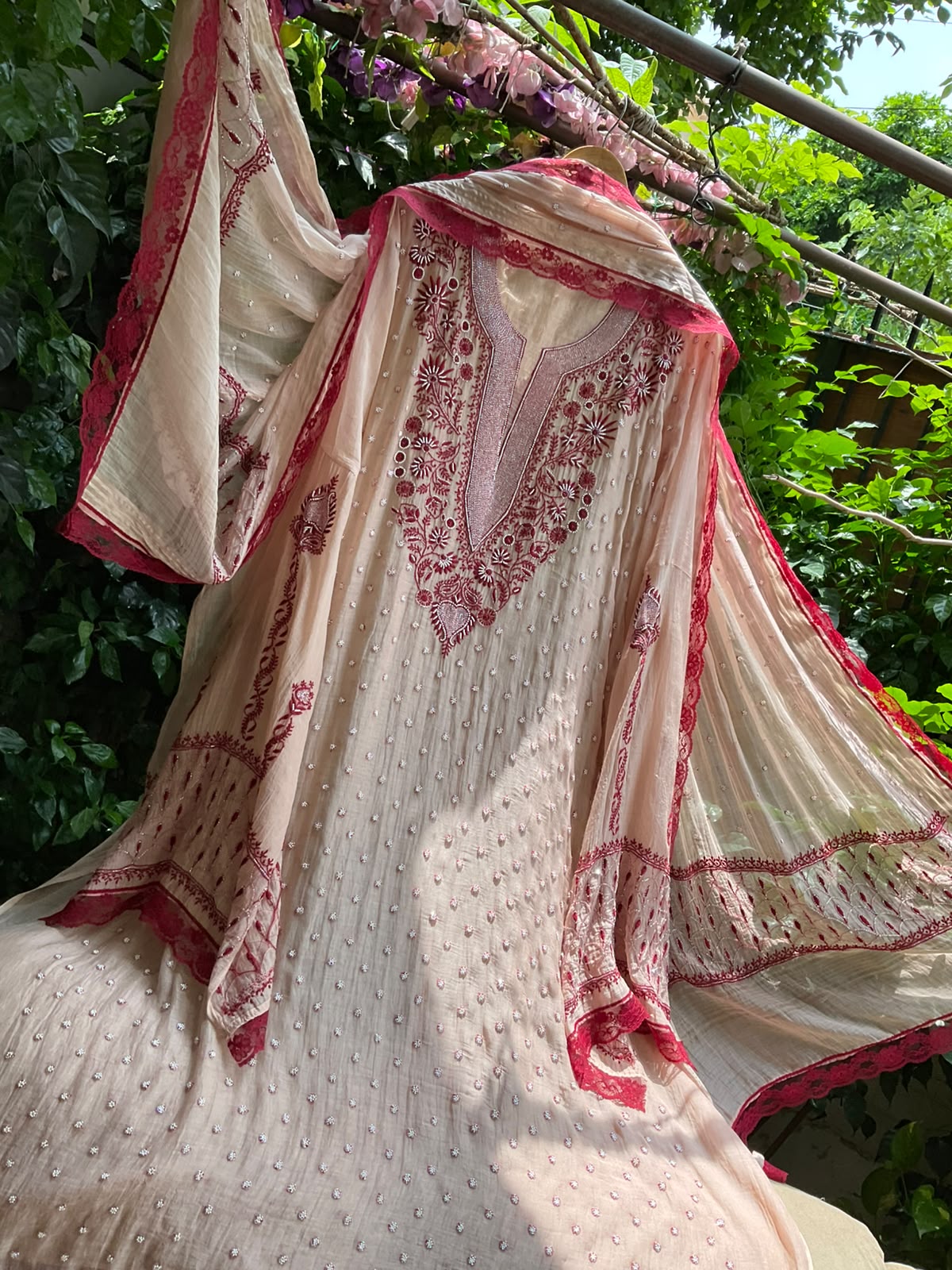 Pure Mulmul Kurta Set with Multicolour Chikankari & Pearl-Cutdana Work with Embroidered Lace Dupatta (Set of 3) (Semi-stitched)