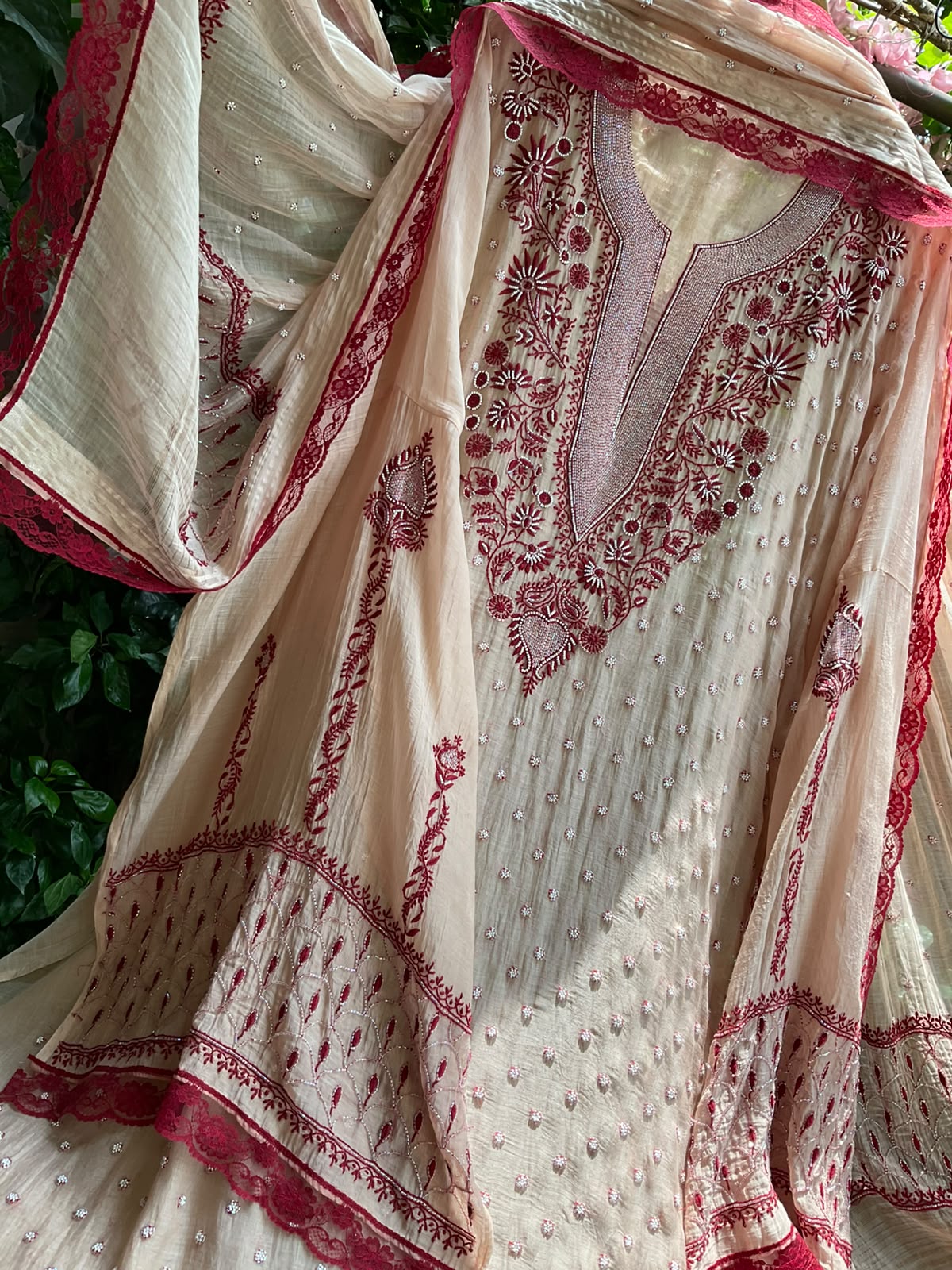 Pure Mulmul Kurta Set with Multicolour Chikankari & Pearl-Cutdana Work with Embroidered Lace Dupatta (Set of 3) (Semi-stitched)