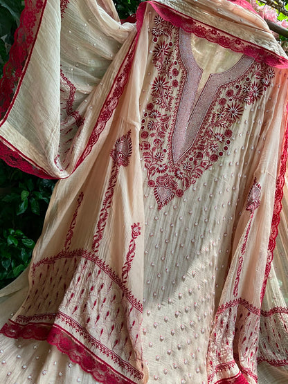 Pure Mulmul Kurta Set with Multicolour Chikankari & Pearl-Cutdana Work with Embroidered Lace Dupatta (Set of 3) (Semi-stitched)