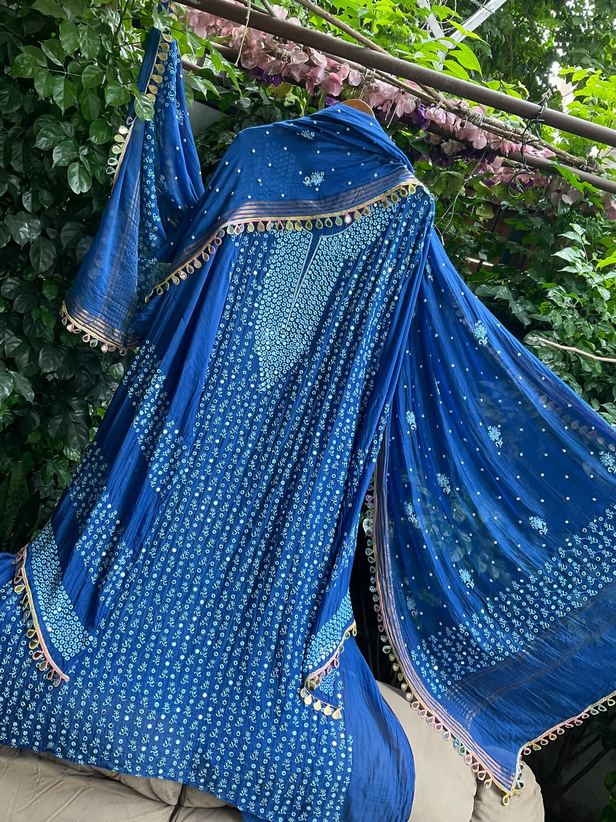 Mulmul Chanderi Kurta Set with Chikankari & Mirror Work with Heavy Embroidered Mirror Lace Dupatta (Set of 3) (Semi-stitched)
