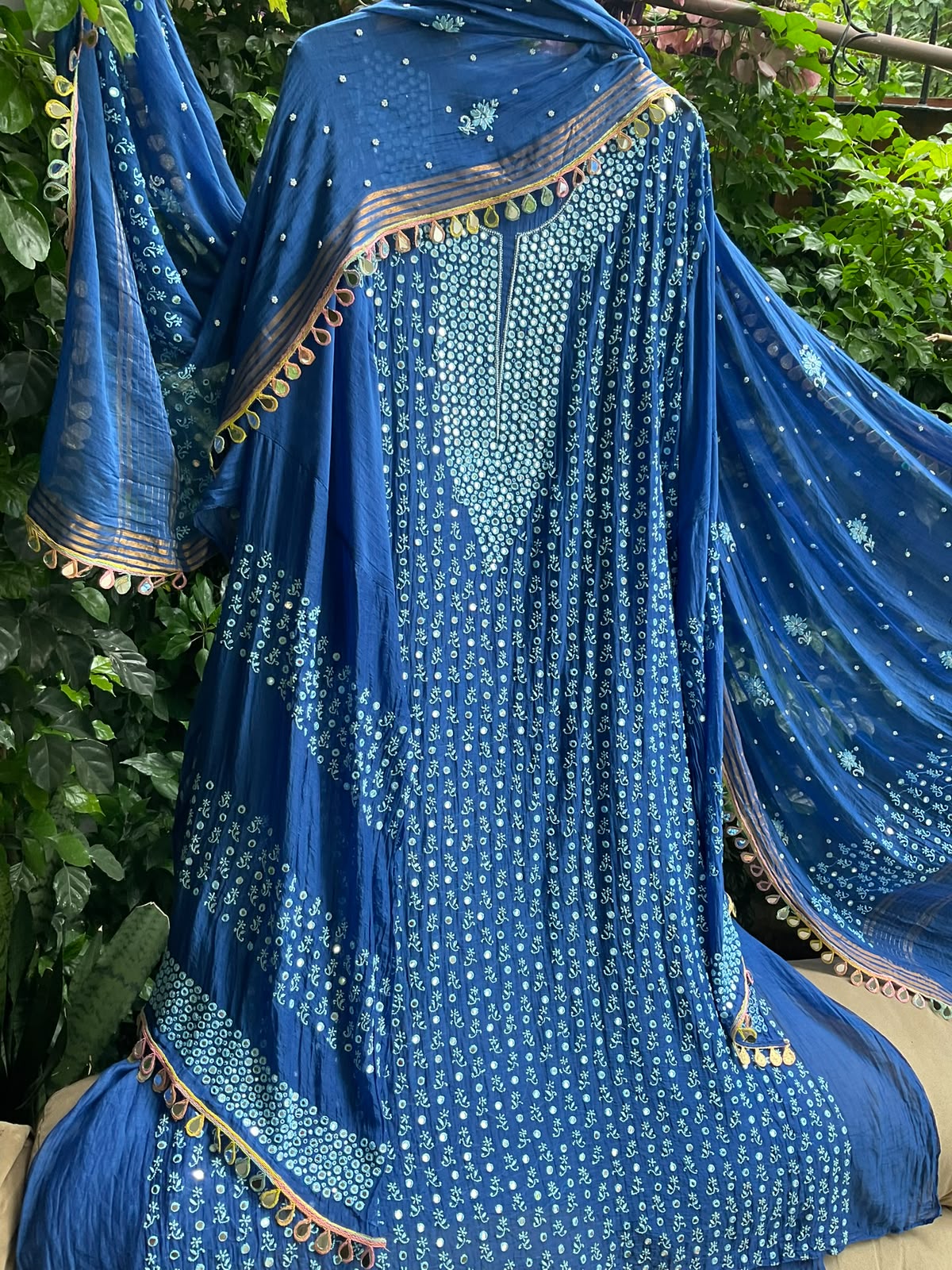 Mulmul Chanderi Kurta Set with Chikankari & Mirror Work with Heavy Embroidered Mirror Lace Dupatta (Set of 3) (Semi-stitched)