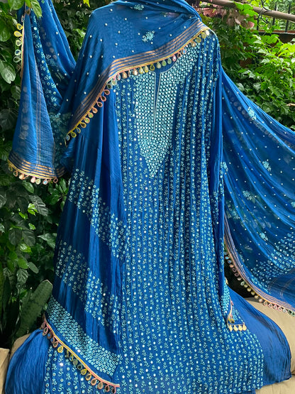 Mulmul Chanderi Kurta Set with Chikankari & Mirror Work with Heavy Embroidered Mirror Lace Dupatta (Set of 3) (Semi-stitched)