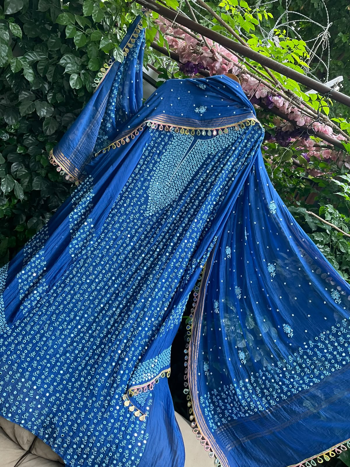 Mulmul Chanderi Kurta Set with Chikankari & Mirror Work with Heavy Embroidered Mirror Lace Dupatta (Set of 3) (Semi-stitched)